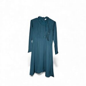 Sandro Paris Sz 38 Dress Teal LS A Line Studded Scarf Mock Neck Tie Elegant Chic